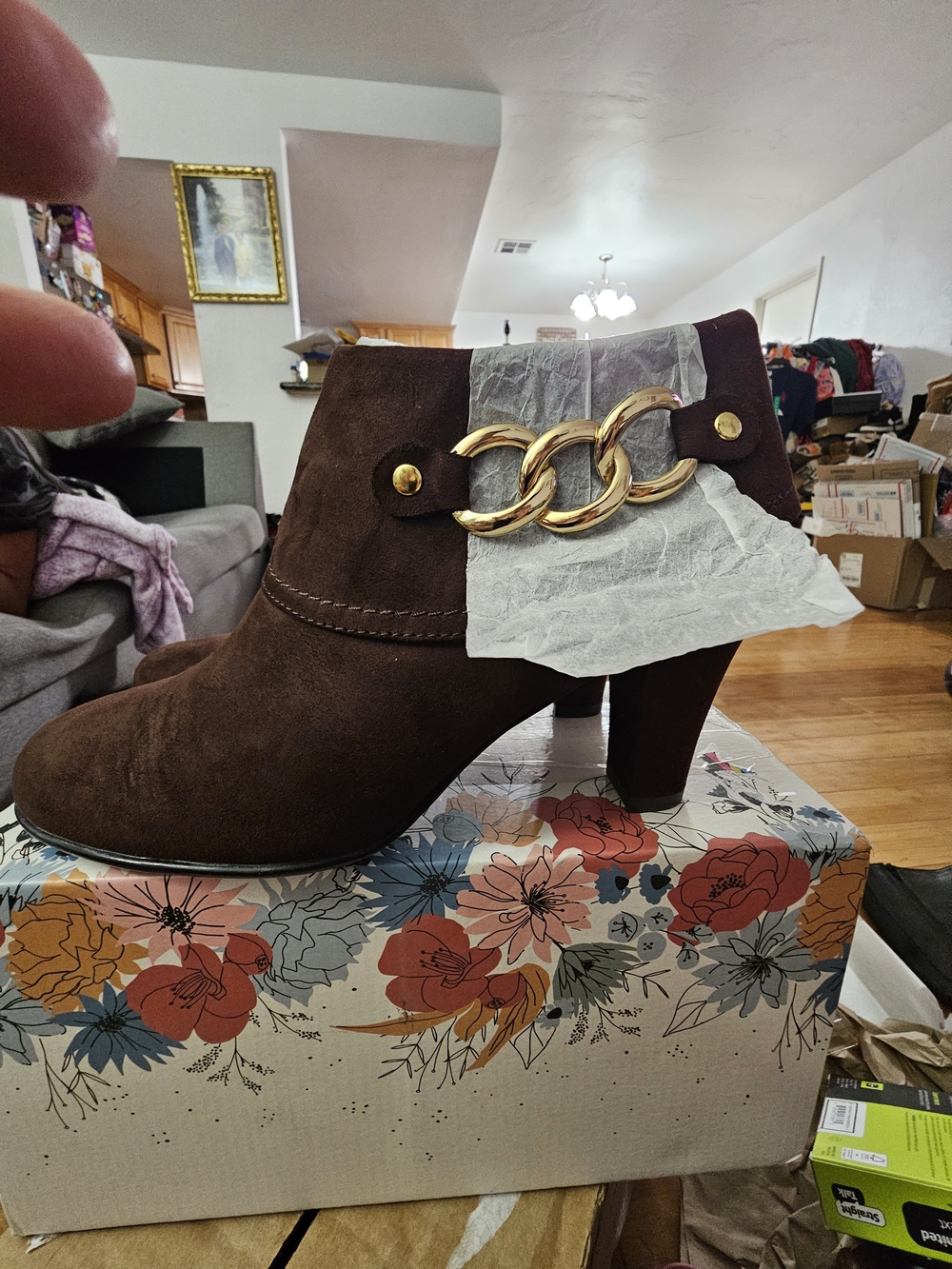 A2 By Aerosoles Brown Suede Ankle Boot with Gold Chain Accent